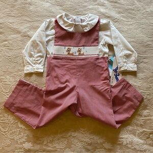 Silly Goose NWT hand smocked red gingham reindeer overalls 2pc 3t